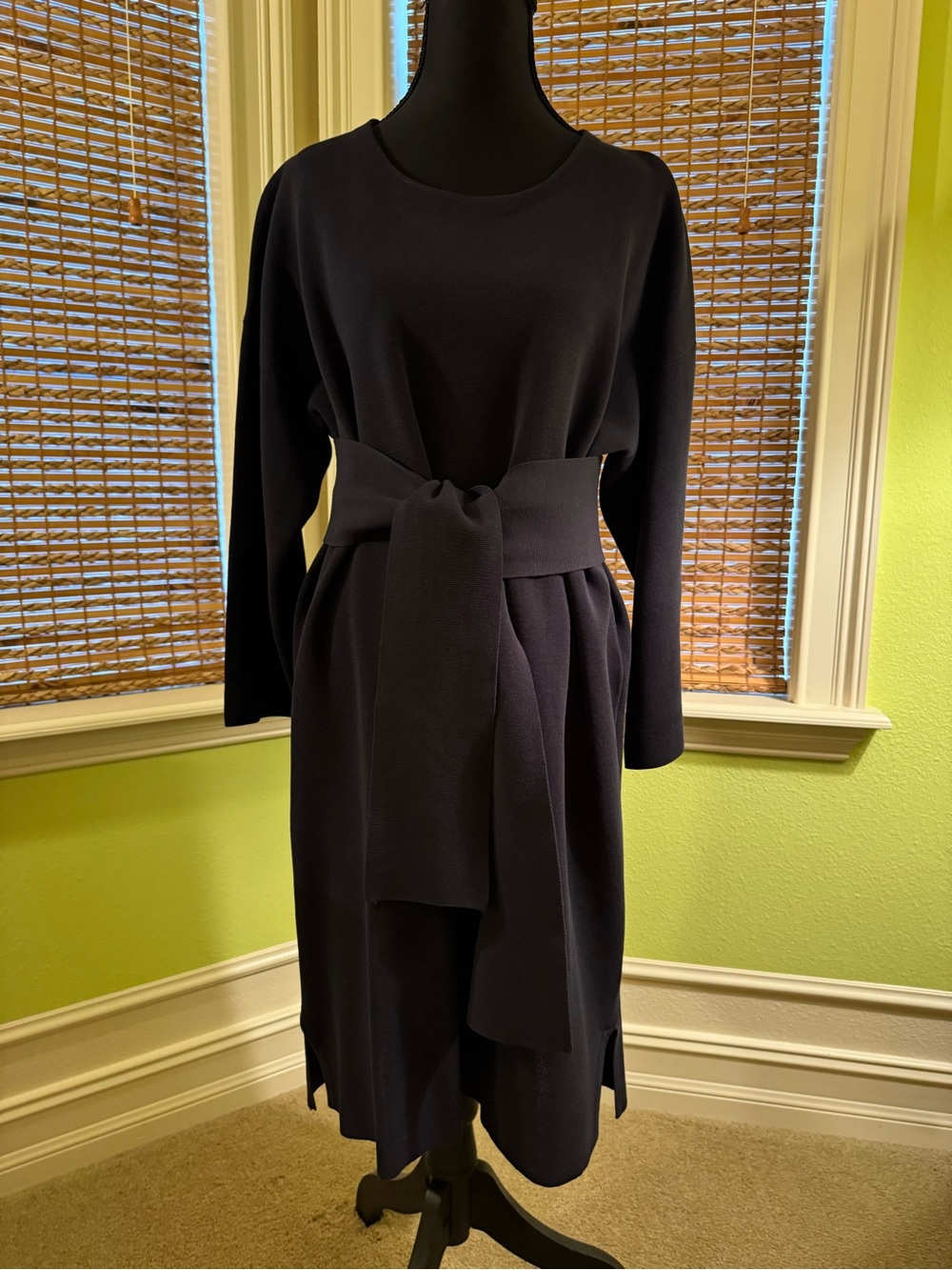 J. Crew Navy Long Sleeve Tie-Waist Midi Dress